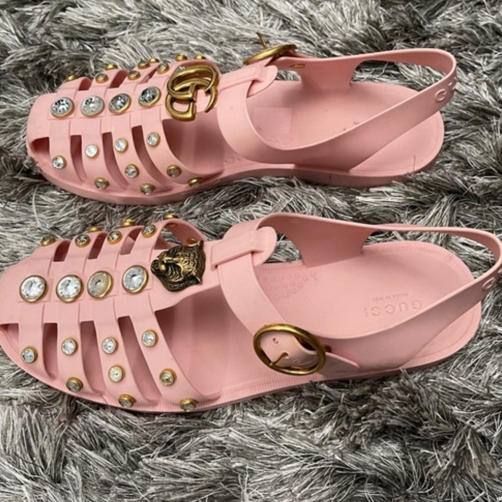 Gucci Pink Jelly Sandals with Gold Accents